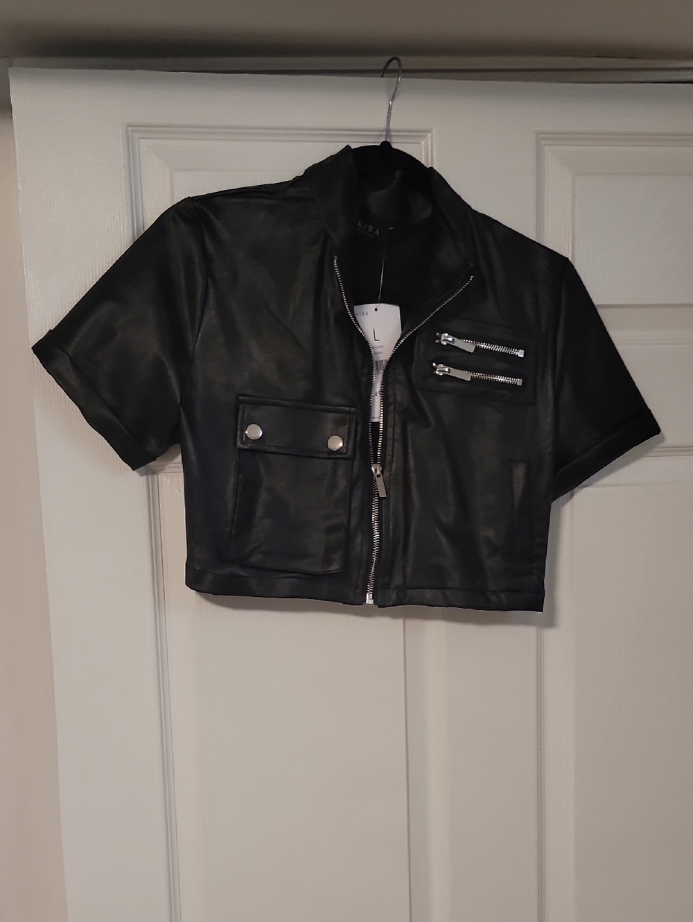 AKIRA Black Faux Leather Cropped Moto Jacket with Zip Details